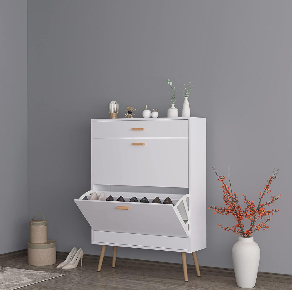 White Shoe Cabinets with 2 Flip Drawers, Tipping Bucket 2-Tier 16 Pairs Shoe ...
