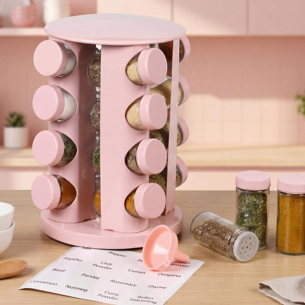 Yungyan Pink Rotating Spice Rack with 16 Empty Jars and Labels