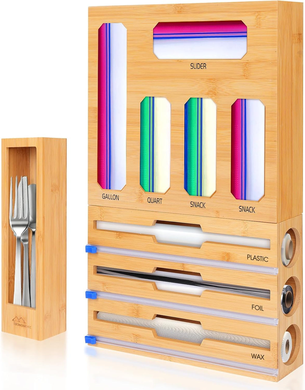 Bamboo Ziplock Bag Organizer for Kitchen Drawer & Wall Mount, Food Storag...