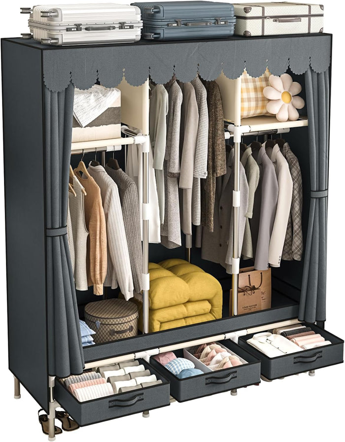 Portable Armoire Wardrobe Closet with 3 Drawers and 3 Hanging Rods,Cloth Closet Wardrobe Cabinet for Hanging Clothes,Grey Cover,for Clothing,Bedding,51 in Width