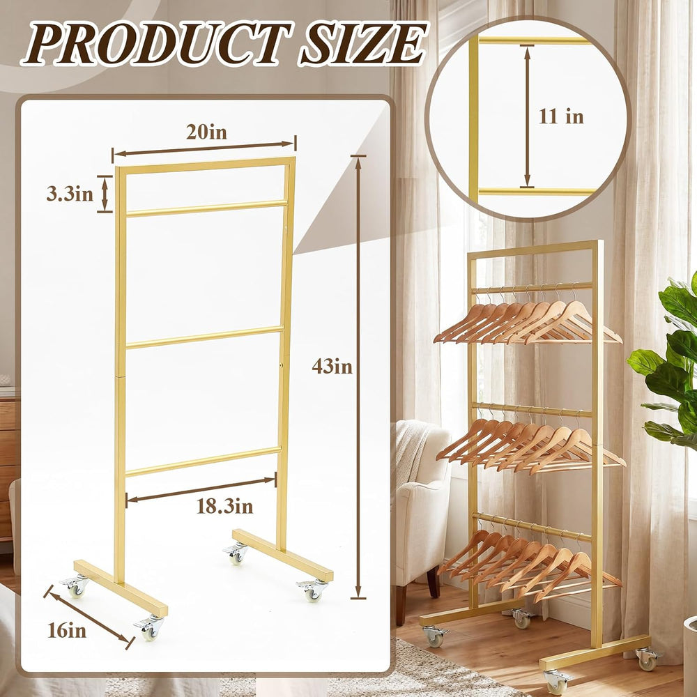3-Tier Clothing Hanger Rack, 20x16x43 Gold Metal with Casters