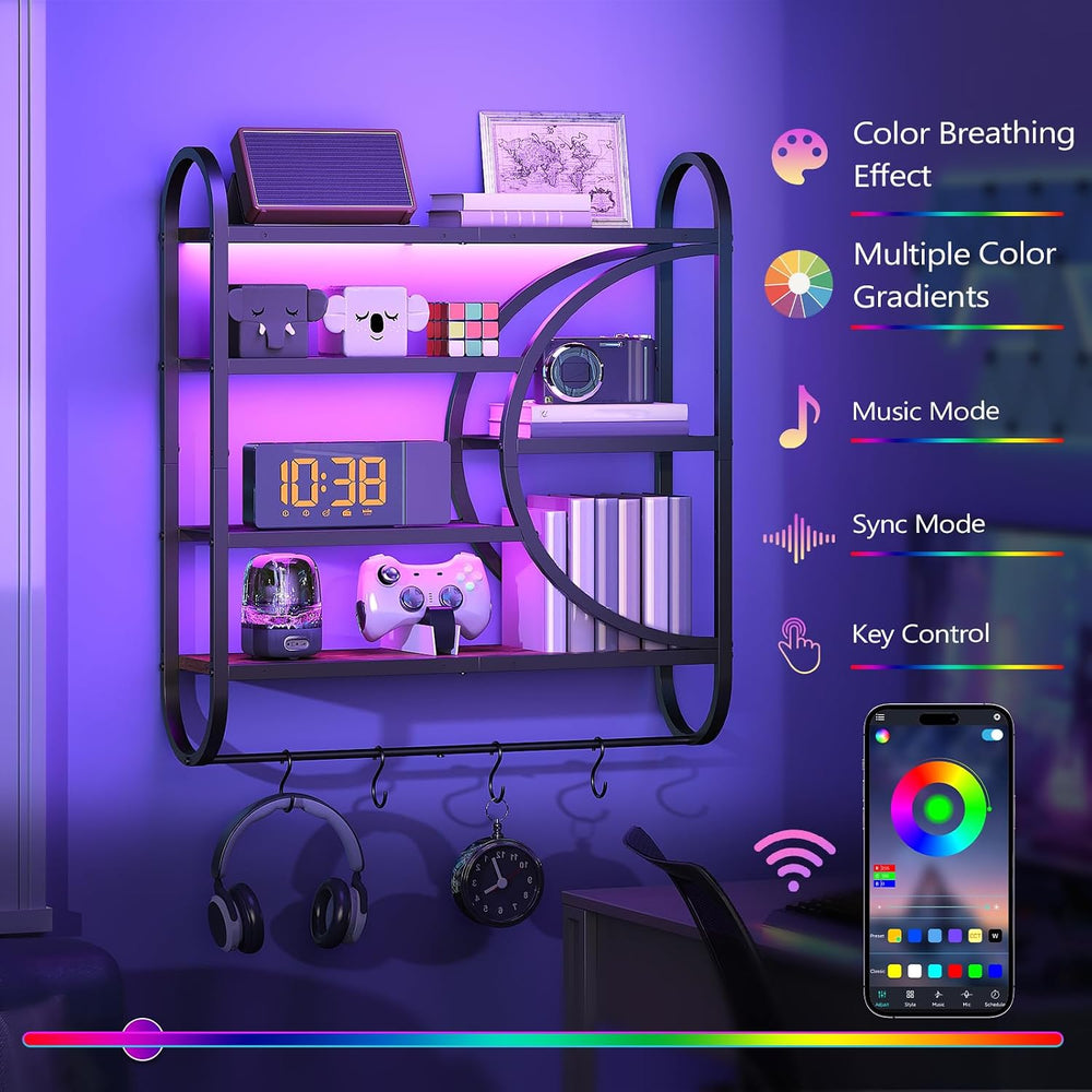 HOOBRO Gaming Floating Shelves for Wall, 28.9" LED Wall Shelf, Display Rack