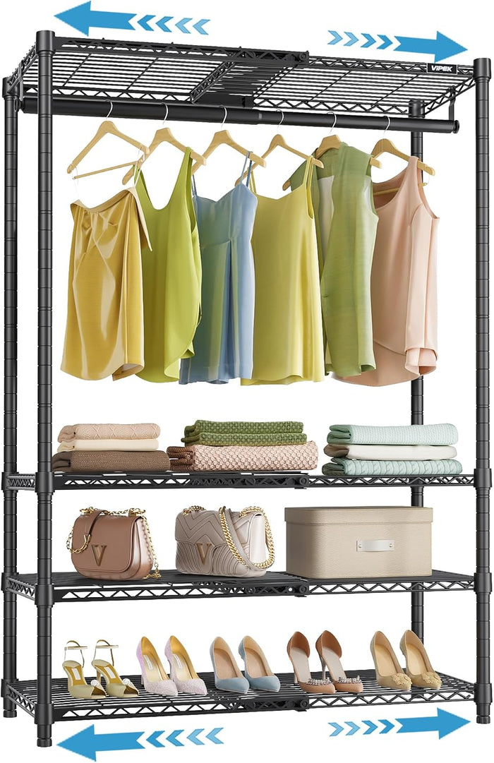 VIPEK X10 Heavy Duty Clothes Rack, Expandable Metal Clothing Racks for Hanging from 2' to 3'5" with 4-Tier Adjustable Wire Shelves & Hanging Rod Portable Closet System for Reach-in & Walk-in Closets