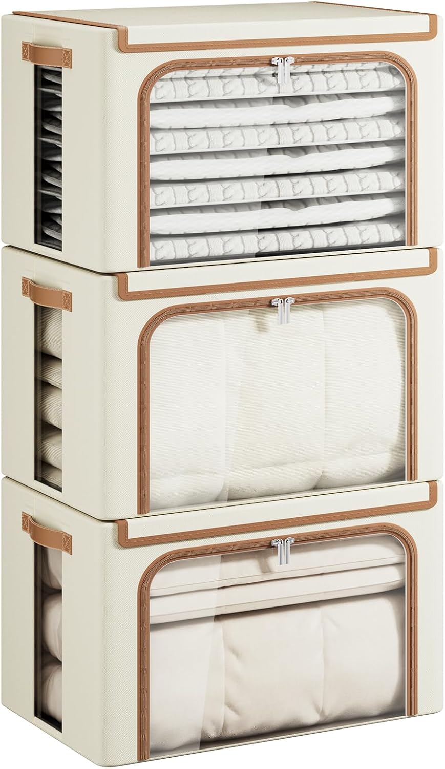 Yecaye Foldable Large Clothes Storage Bins with Lid, Beige, 66L, 3 Pack