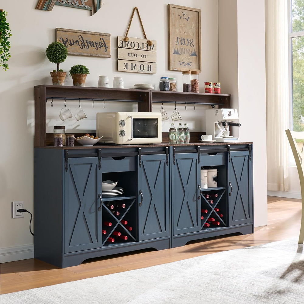 Wnutrees Farmhouse Coffee Bar Cabinet with Charging Station and USB, Blue