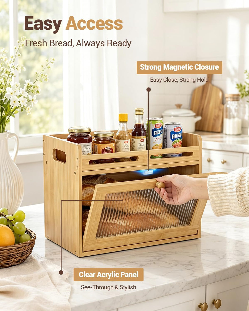 Bread Box for Kitchen Countertop, Bamboo Storage Container with Top Shelf