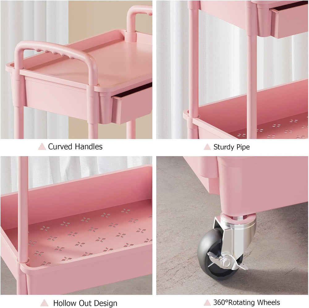 3 Tier Rolling Utility Cart with Drawer, Plastic Storage Organizer Rolling Ca...