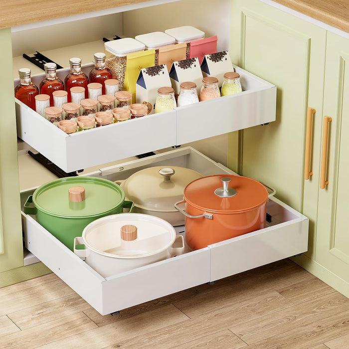 Dayacoco 2Pcs Dayacoco Pull Out Cabinet Organizer, Expandable Width (11.4"-19.4") and Depth (16.7"-21.4") With 3 Rails, Slide out Drawers for Kitchen Base Cabinet Organization, No Drill, White