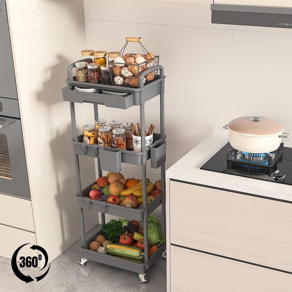 4 Tier Rolling Utility Cart with Drawer, Plastic Storage Organizer Rolling Ca...