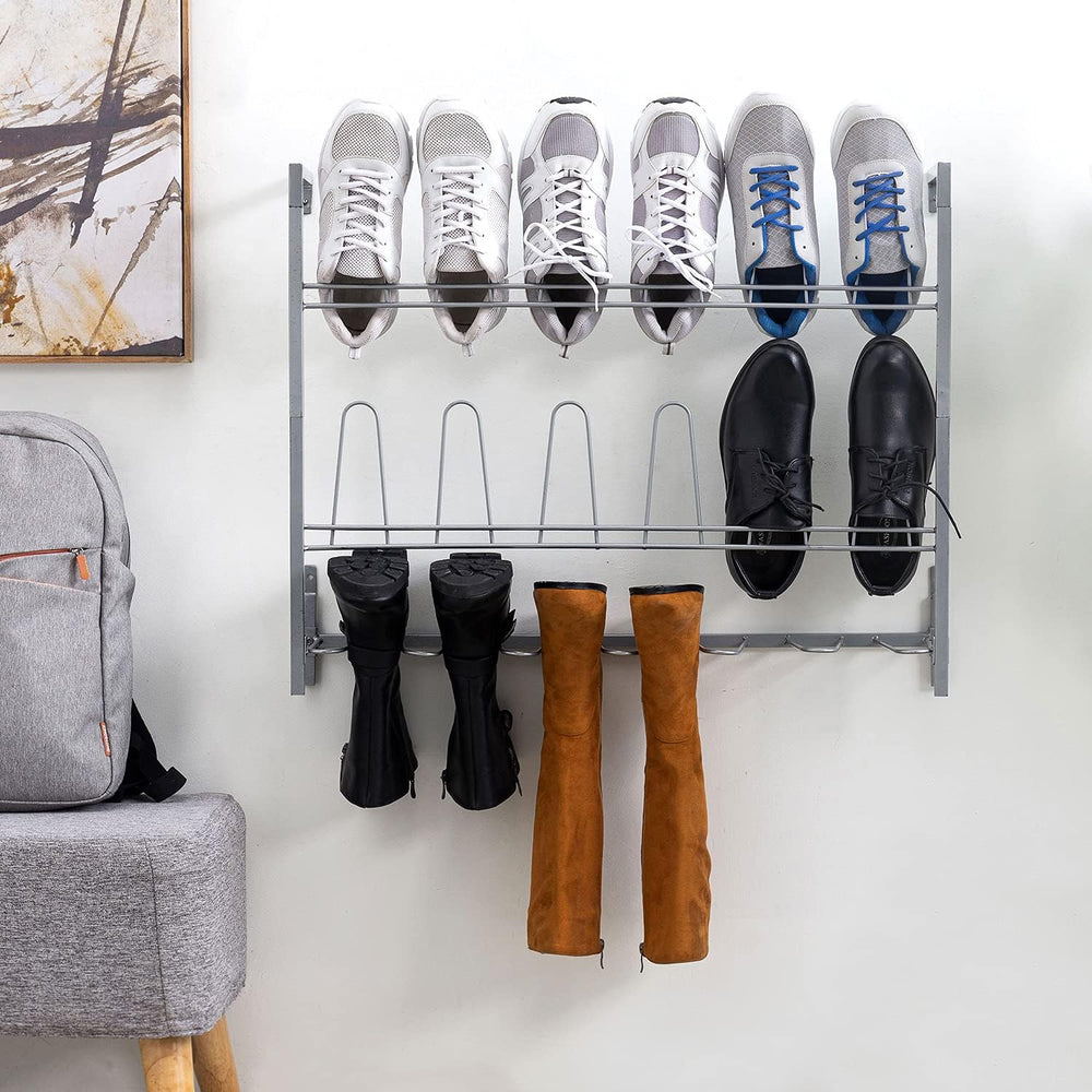 MyGift Wall Mounted Silver Metal Shoe & Boot Rack Organizer, 9 Pairs