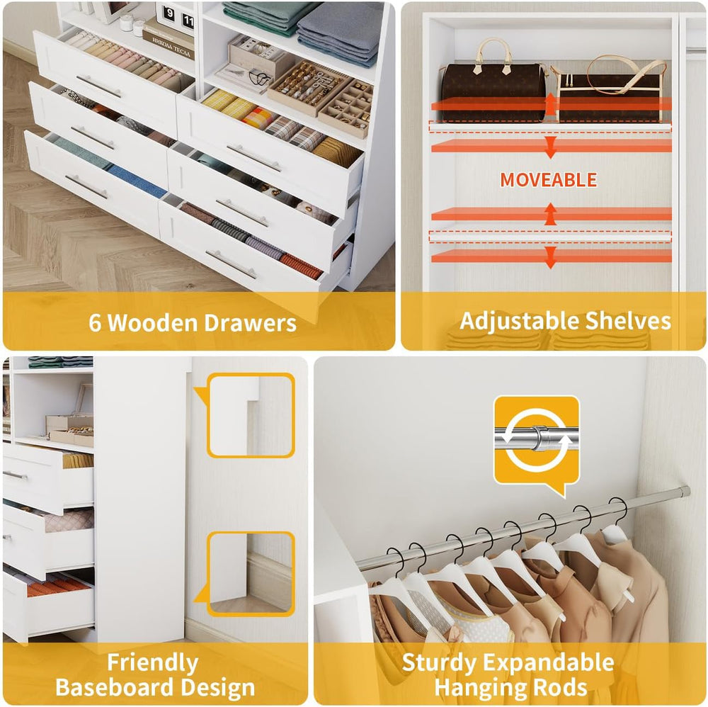 Closet System with 12 Drawers, 96" Wooden Closet Organizer System