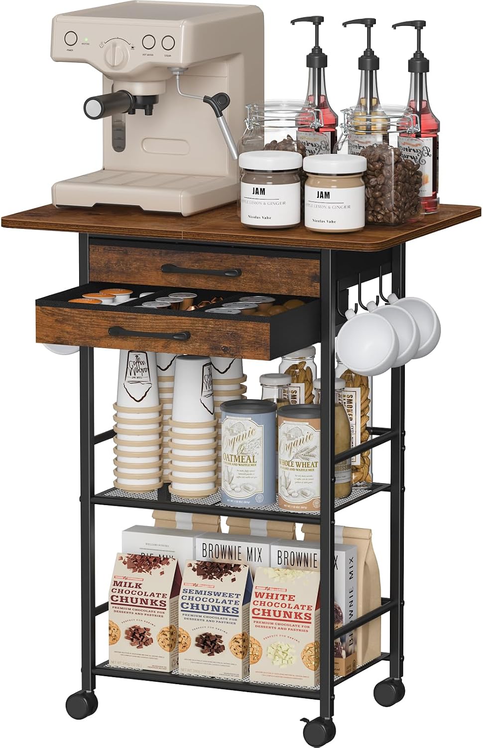 Snughome 5 Tier Rolling Coffee Cart with 2 Large Drawers & Removable Divi...