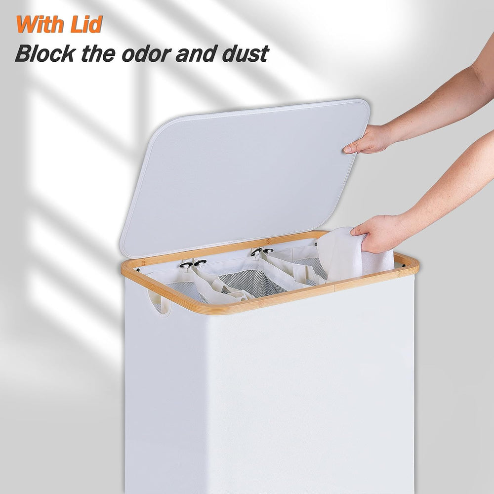 efluky Laundry Hamper 3 Section with lid and 3 Removable Bags, White