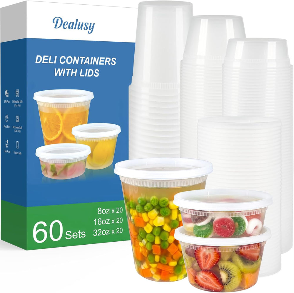 Dealusy 60 Set Deli Containers with Lids, 32/16/8 oz X 20 Set Each