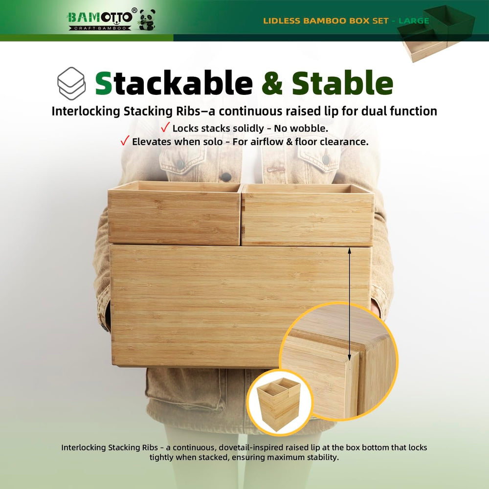 BAMOTTO CRAFTBAMBOO 3-Piece Bamboo Storage Box Set Stackable Organizer
