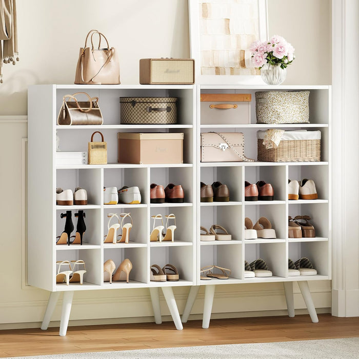 5 Tiers Shoe Cubby with Legs, Stackable Wood Shoe Rack Organizer with 9-Cube and 2 Storage Shelves, Holds 10-15 Pairs, Freestanding Shoe Rack for Closet, Entryway, Apartment, White