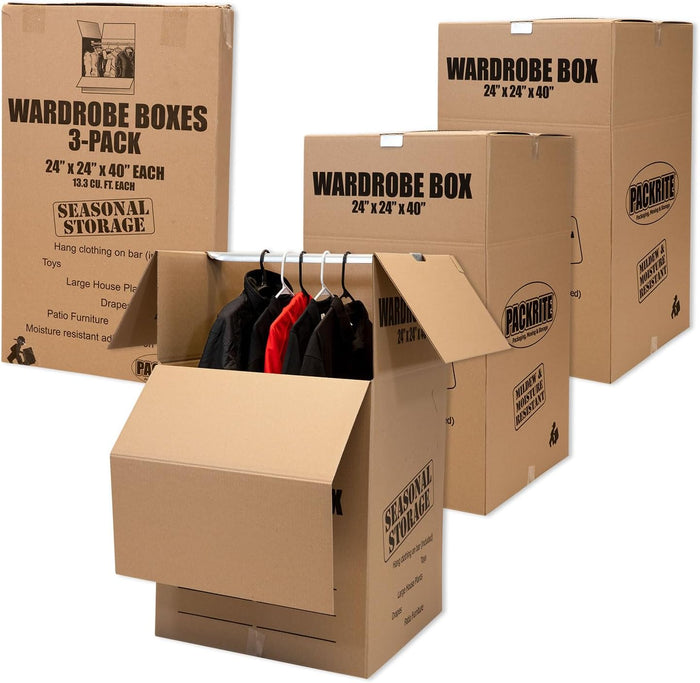 Large Wardrobe Moving Boxes with Bar for Hanging Clothes Moving Box with Hanger, 24 x 24 x 40, Moving Essentials, Set of 3
