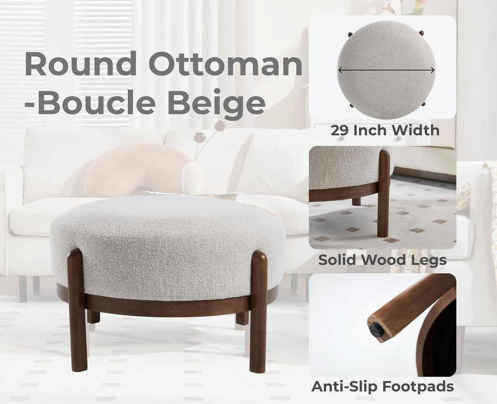 EALSON 29" Round Ottoman Modern Boucle Upholstered Footstool Mid Century...