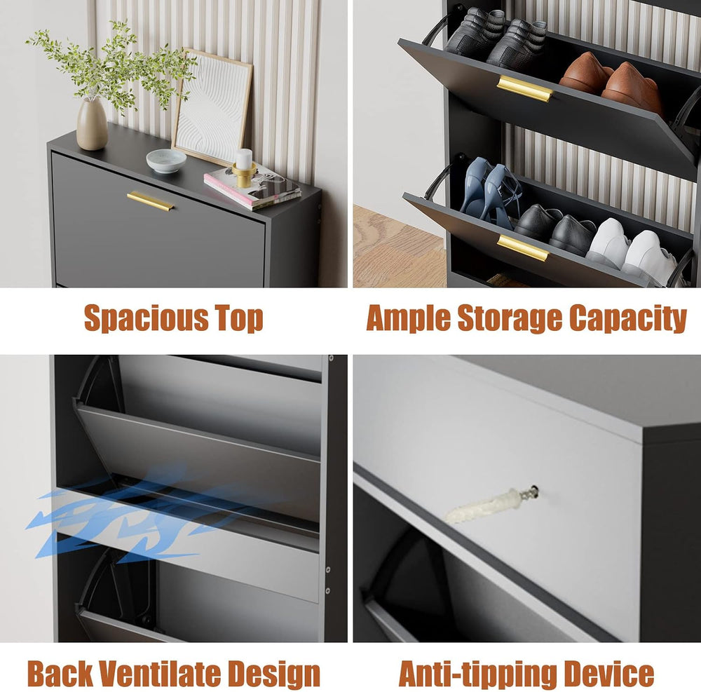 JOZZBY Modern Shoe Cabinet Storage with 3 Flip Drawers, Black丨Slim Freestandi...