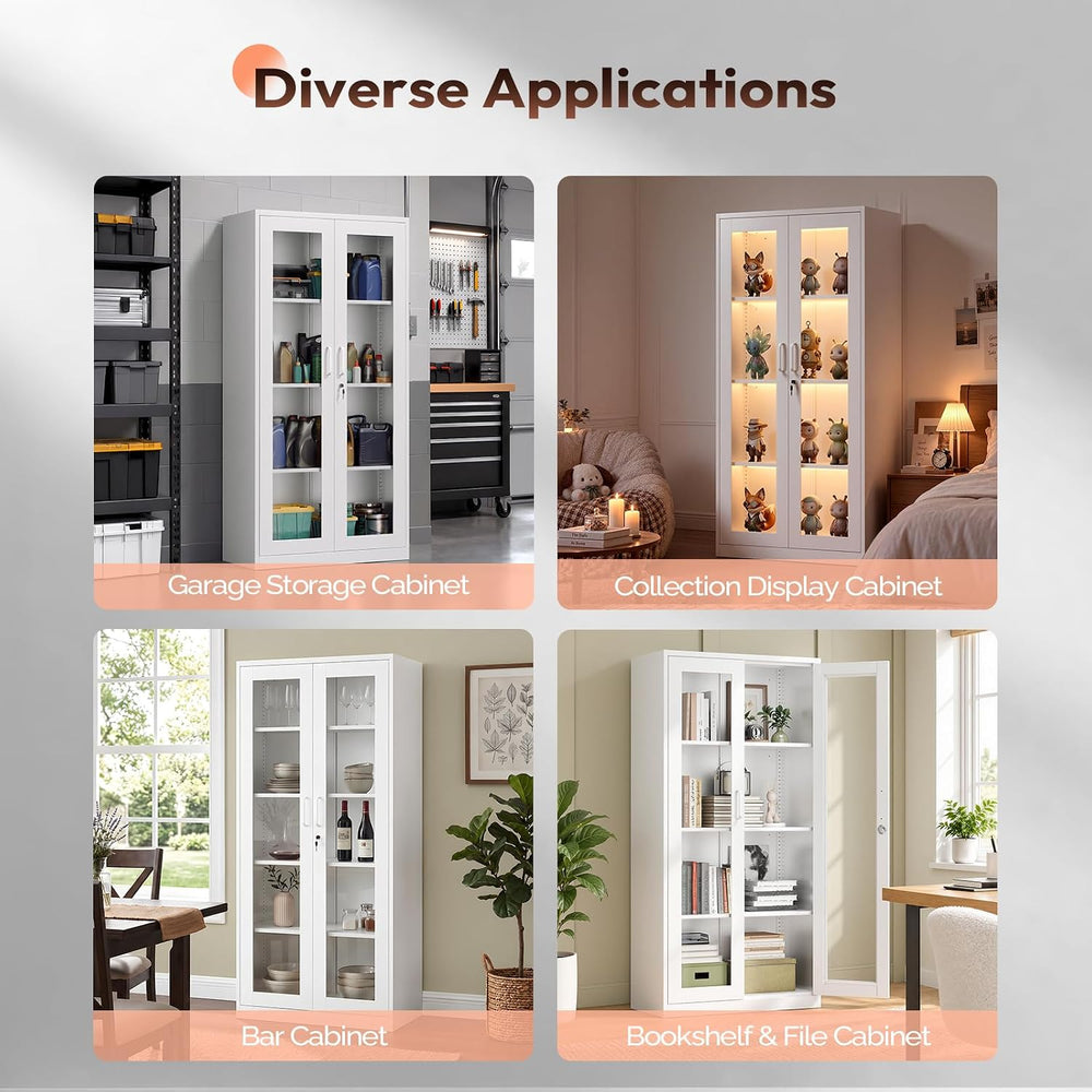 VINGLI Display Cabinet with Glass Doors & 3 Adjustable Shelves, 65" ...