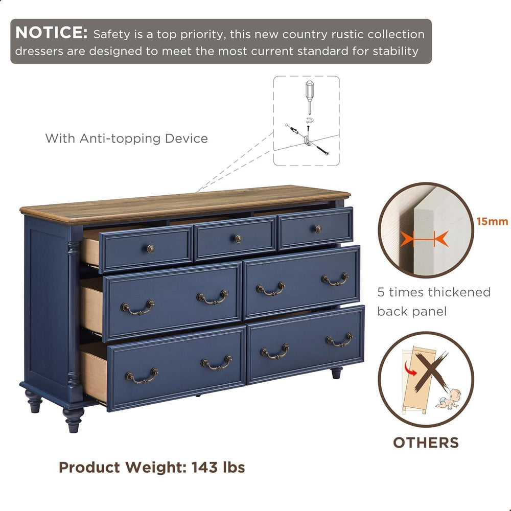 T4TREAM Farmhouse 7-Drawer Dresser with Solid Wood Feet, Antique Blue