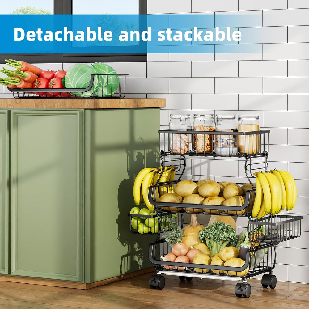 Simple Trending Stackable Cart, Fruit Vegetable Basket with Wheels, 4 Tier