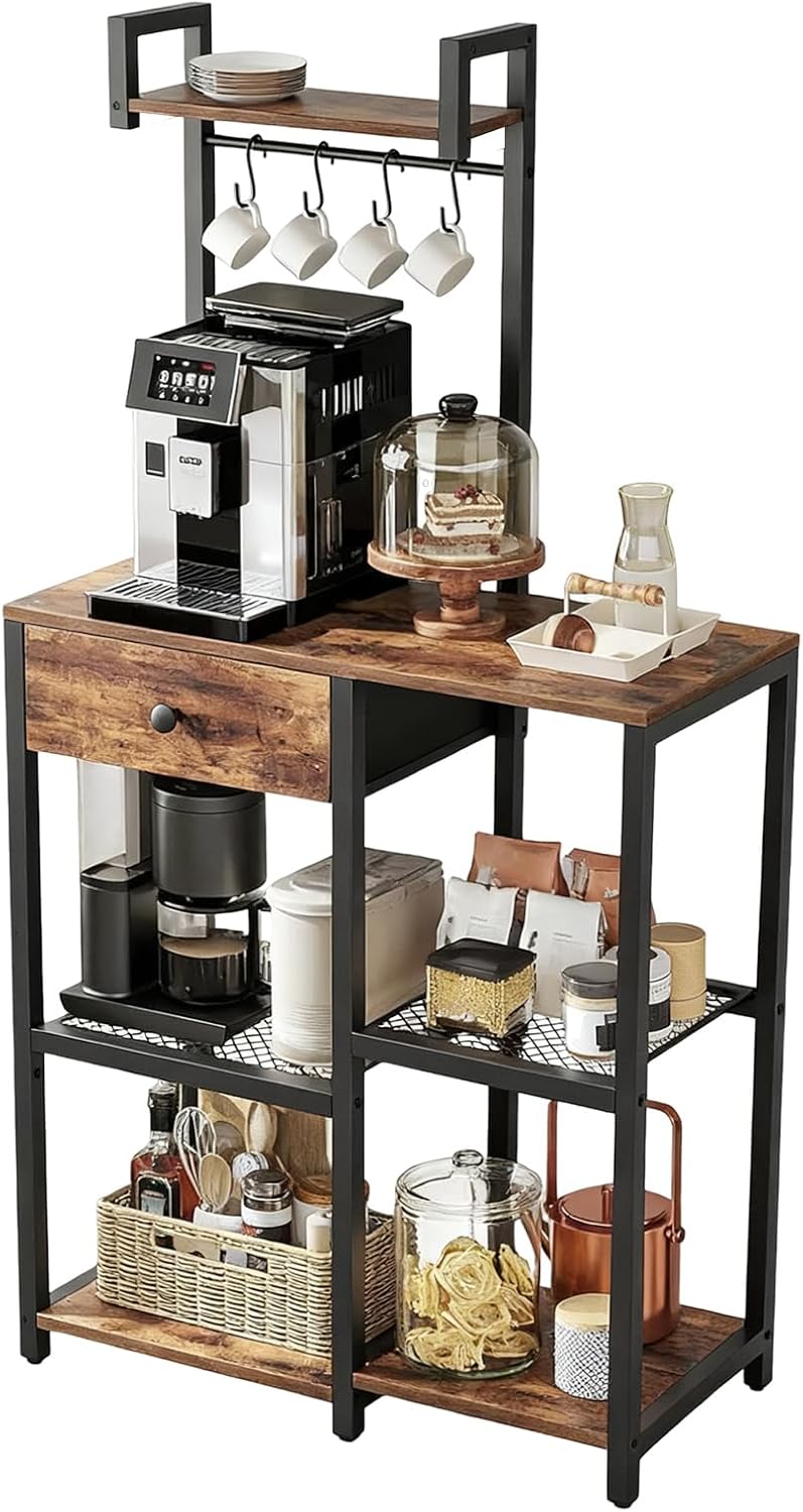 Kitchen Bakers Rack with Drawer,6 Tier Microwave Stand with Hooks