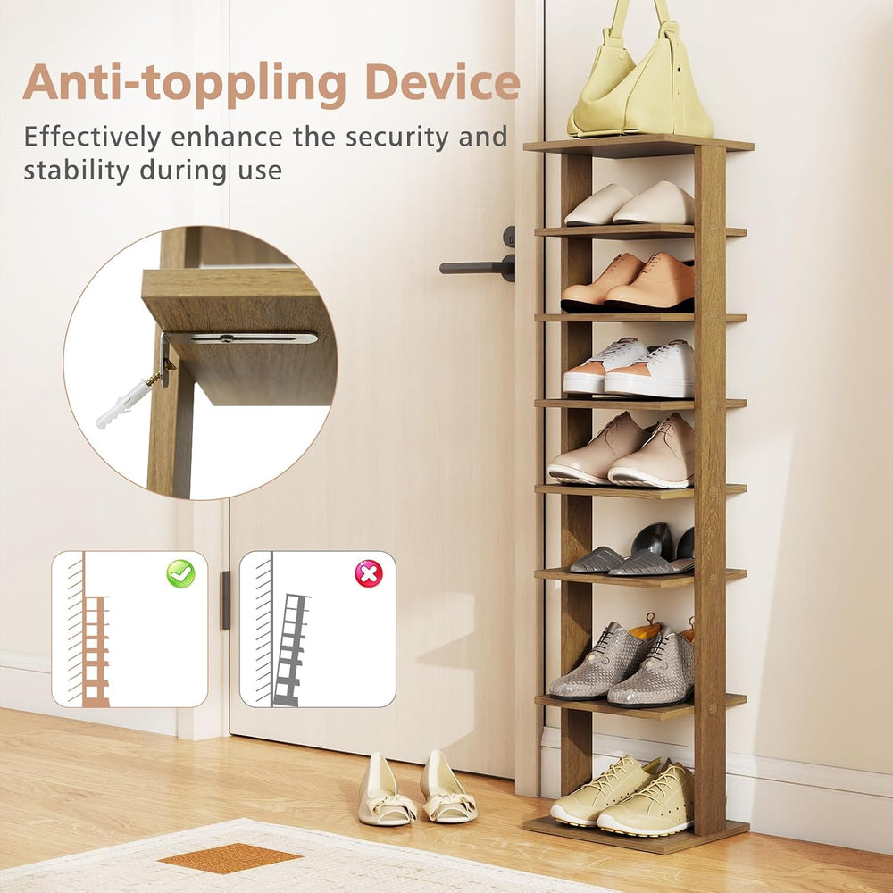 COSTWAY 8-Tier Vertical Shoe Rack, Tall Narrow Shoe Storage Organizer with Re...