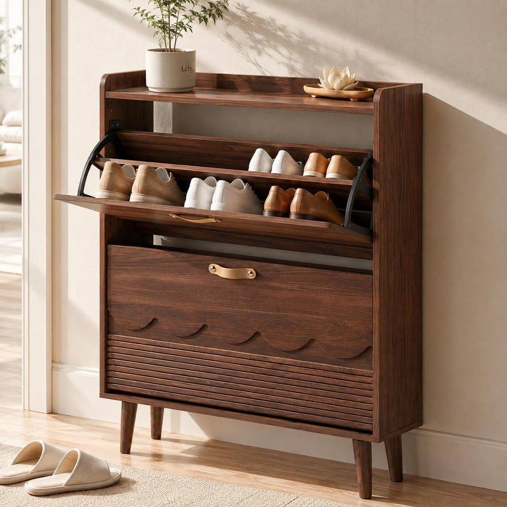 Seang 31.5" Shoe Storage Cabinet for Entryway with 2 Flip Drawers, Walnut
