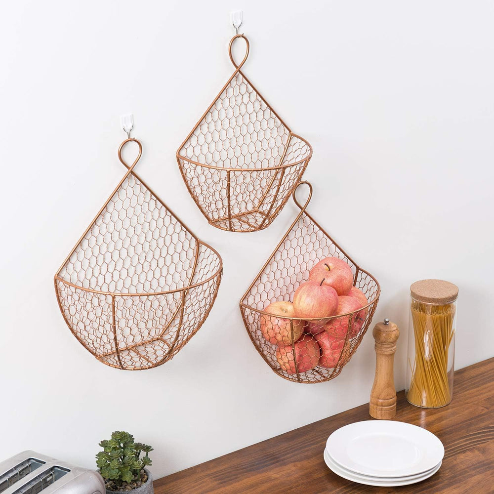 MyGift Set of 3, Farmhouse Copper Metal Wire Mesh Wall Hanging Baskets, Wall-...