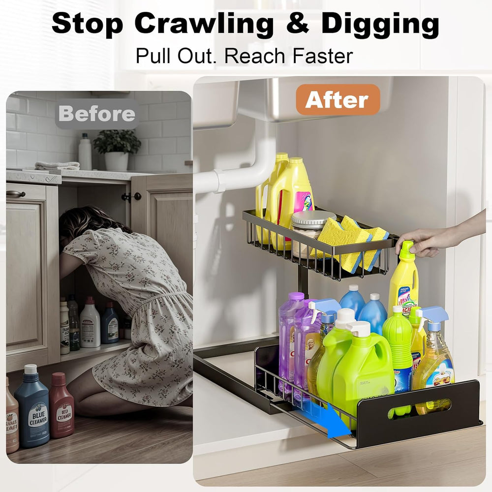 REALINN Under Sink Organizer, L-Shaped 2 Tier Pull Out Cabinet Organizer