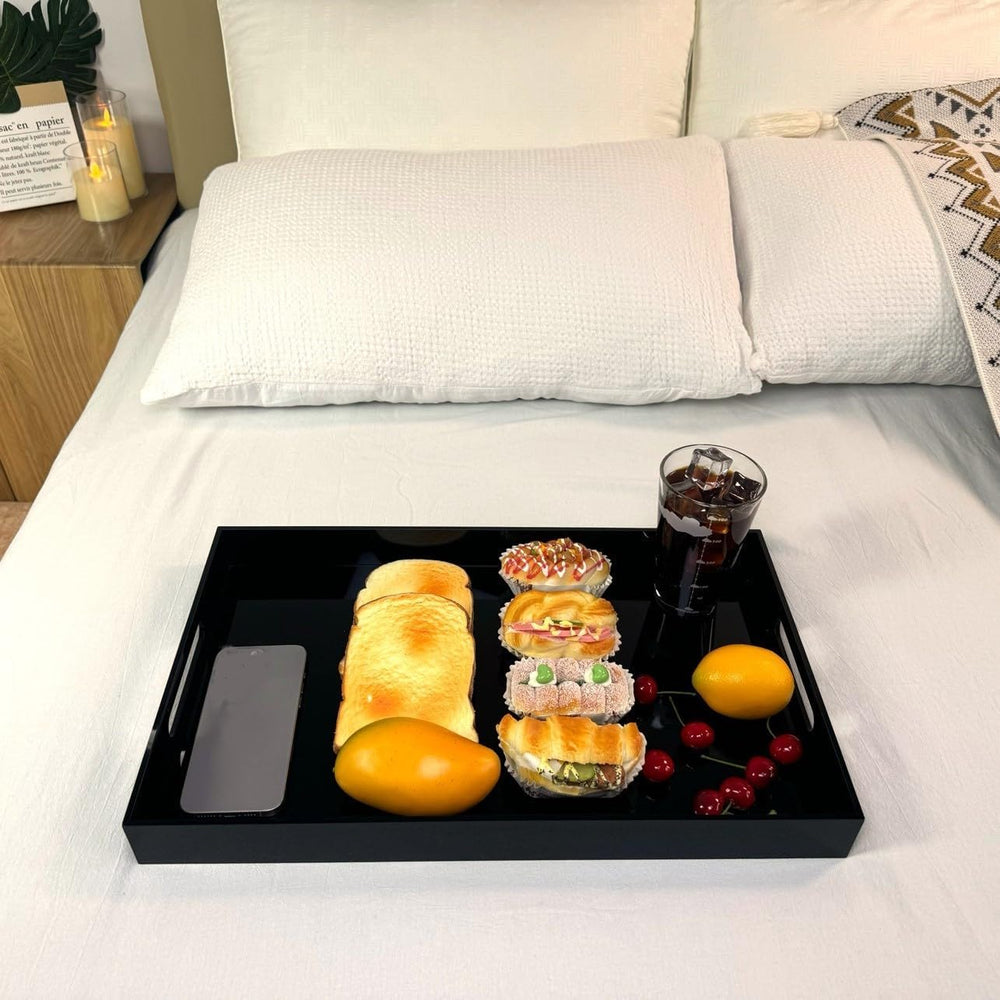 Glossy Black Sturdy Acrylic Serving Tray with Handles-12x20Inch-Serving Coffe...
