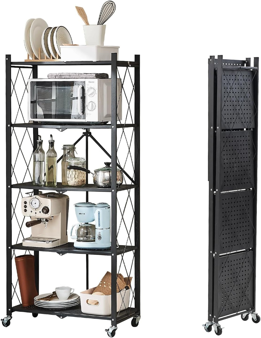 BRIAN & DANY 5-Tier Foldable Storage Shelves with Wheels, Folding Metal R...