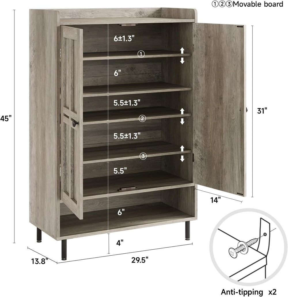ComfyCorner Shoe Cabinet with Cross Molding Doors, 6-Tier Storage, Grey