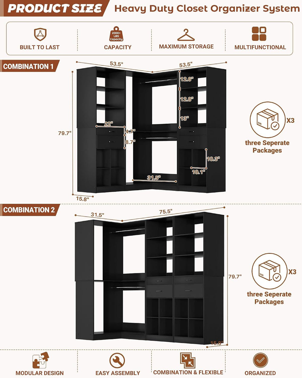 Besiost Closet System with 4 Drawers, 53.5"*53.5"/ 31.5"*75.5&...
