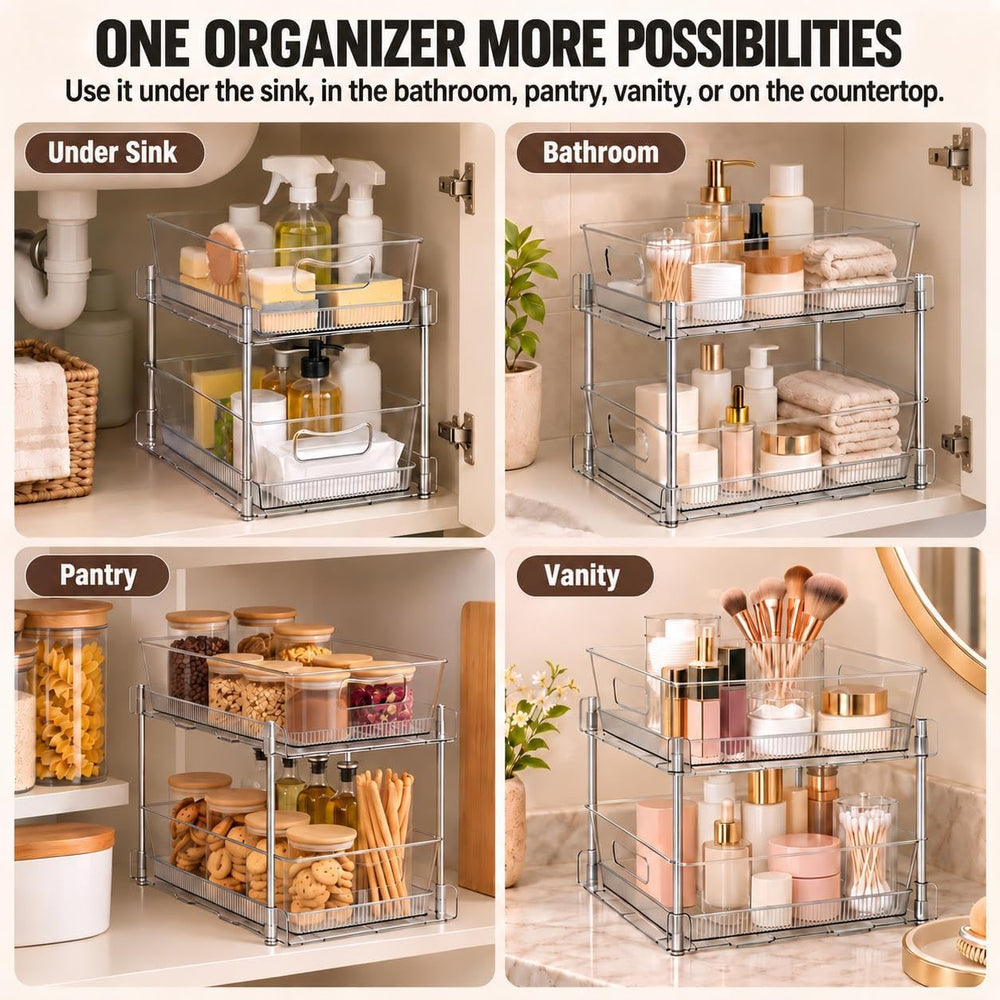 4 Pack Pull Out Bathroom Under Sink Organizer, Clear 2-Tier Cabinet Storage