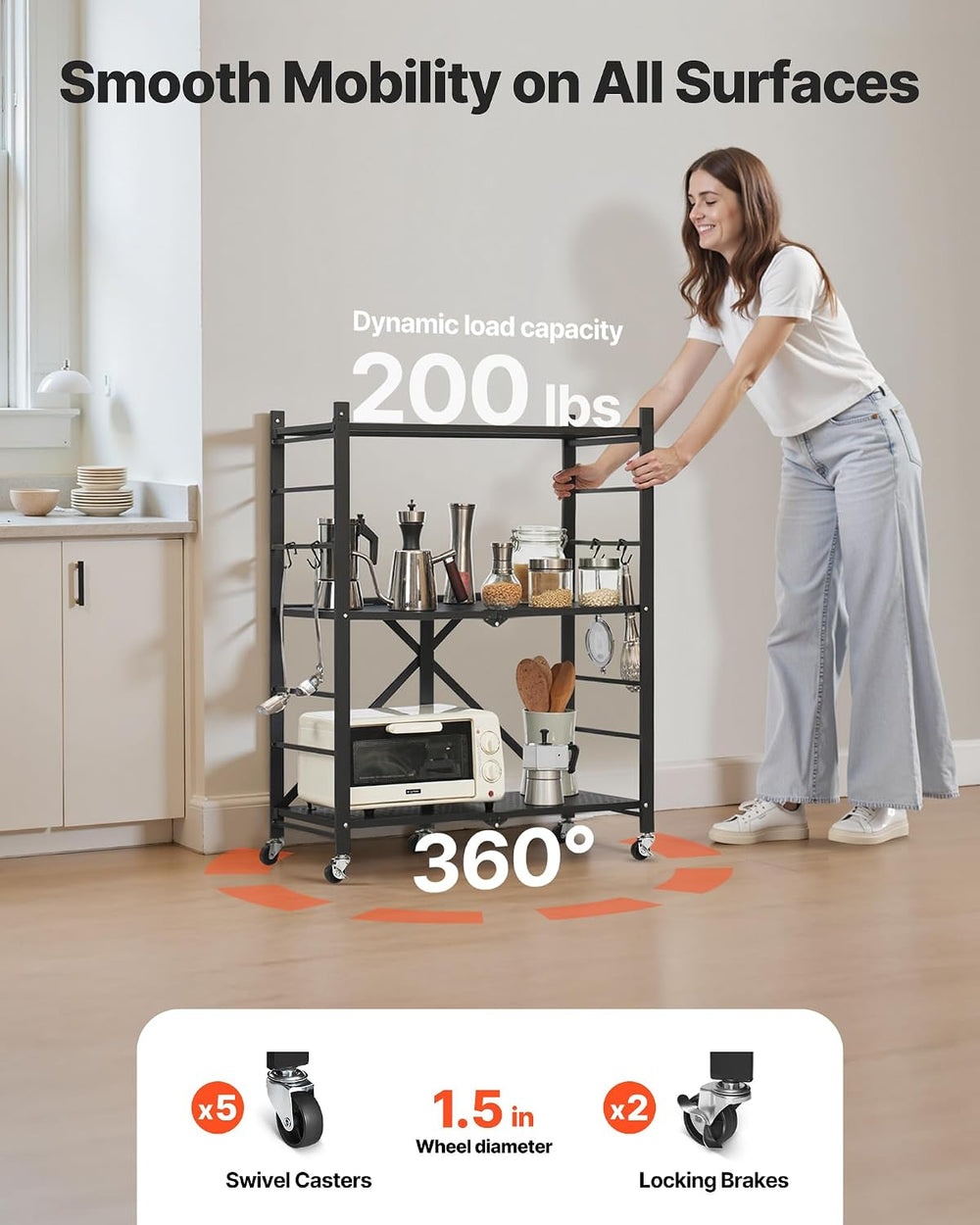 VEVOR 3-Tier Foldable Storage Shelf, 28W x 13D x 36H Inch Folding Metal Rack ...