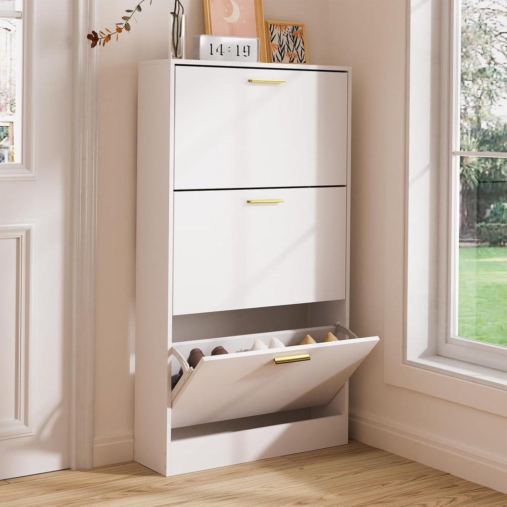 LYNSOM Modern Entryway Shoe Cabinet with 3 Flip Drawers and Top Display, Whit...