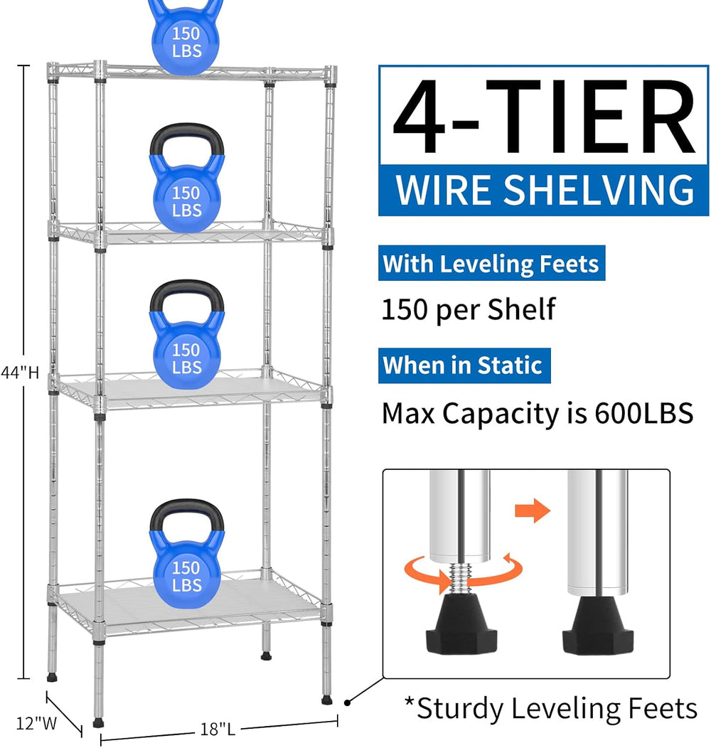 4-Tier Wire Shelving Unit, 600 lb, 18 x 12 x 44 in, Chrome