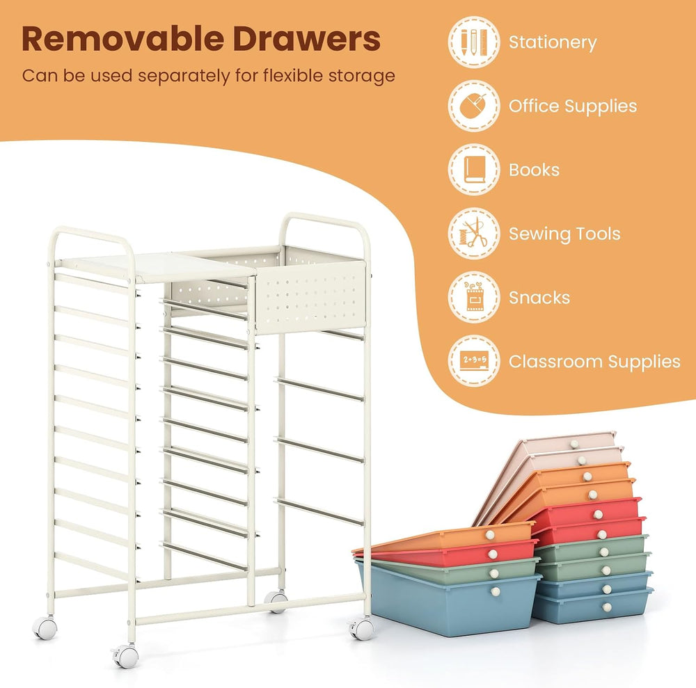 Giantex 14 Drawer Storage Cart, Rolling Craft Cart with Metal Tabletop & ...
