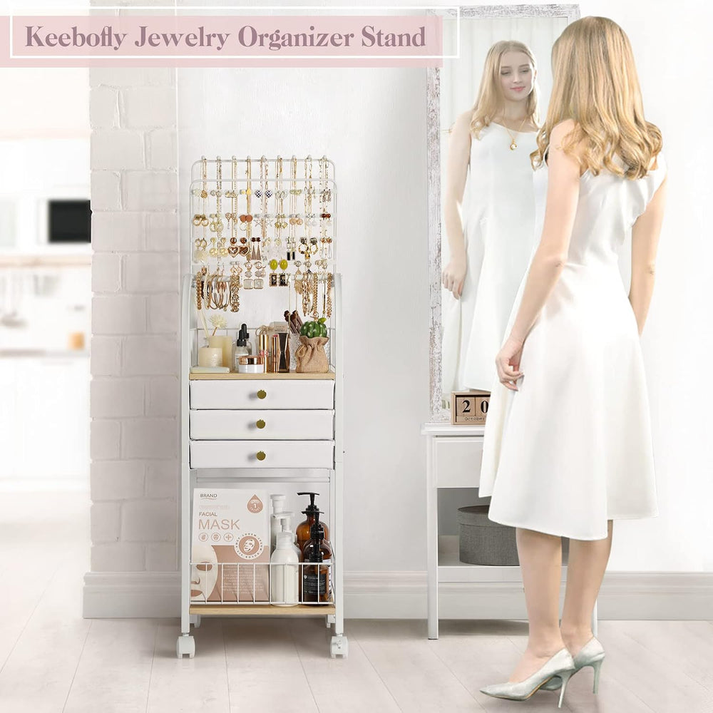 Keebofly Large Floor Jewelry Organizer Stand with 3 Drawers - White