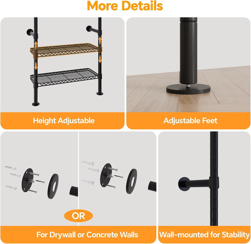 Higeego W4 Wall Mounted Clothes Rack, Industrial Pipe Clothing Rack, Black