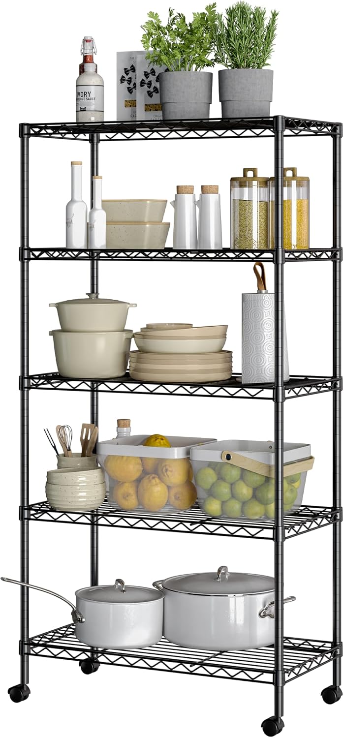 5-Tier Steel Wire Shelving, 30" W x 14" D x 61.5" H, Black