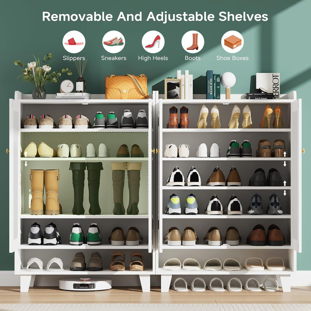 Flat-Shelf Shoe Cabinet with Doors，6-Tier Shoes Storage Cabinet with Adjustab...