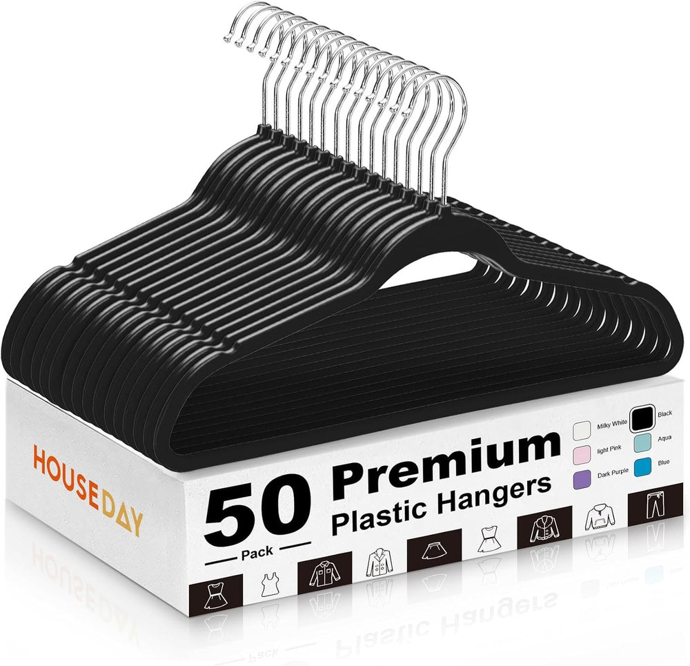 HOUSE DAY Black Plastic Hangers 50 Pack - Ultra-Thin Heavy Duty Non-Velvet