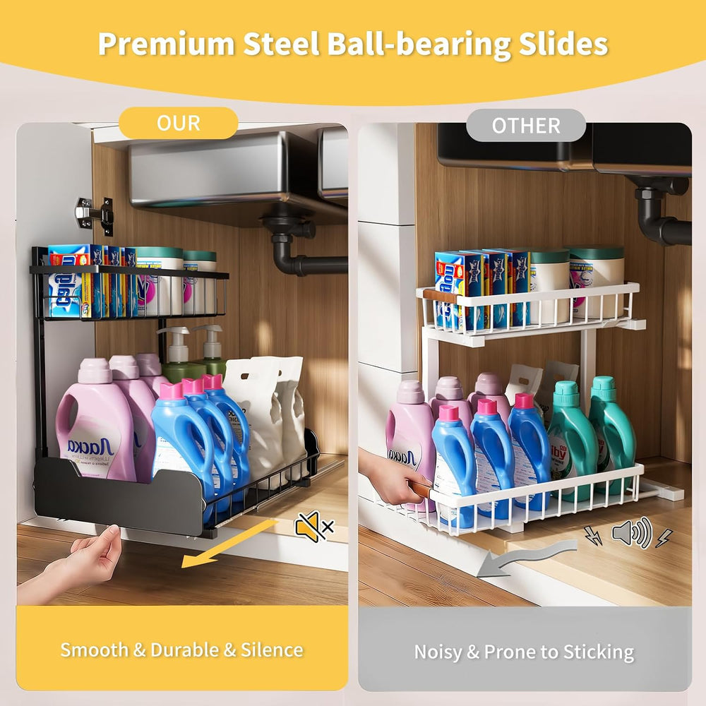 Under Sink Organizer, 2-Tier L-Shaped Pull Out Cabinet Shelf with 2 Installat...
