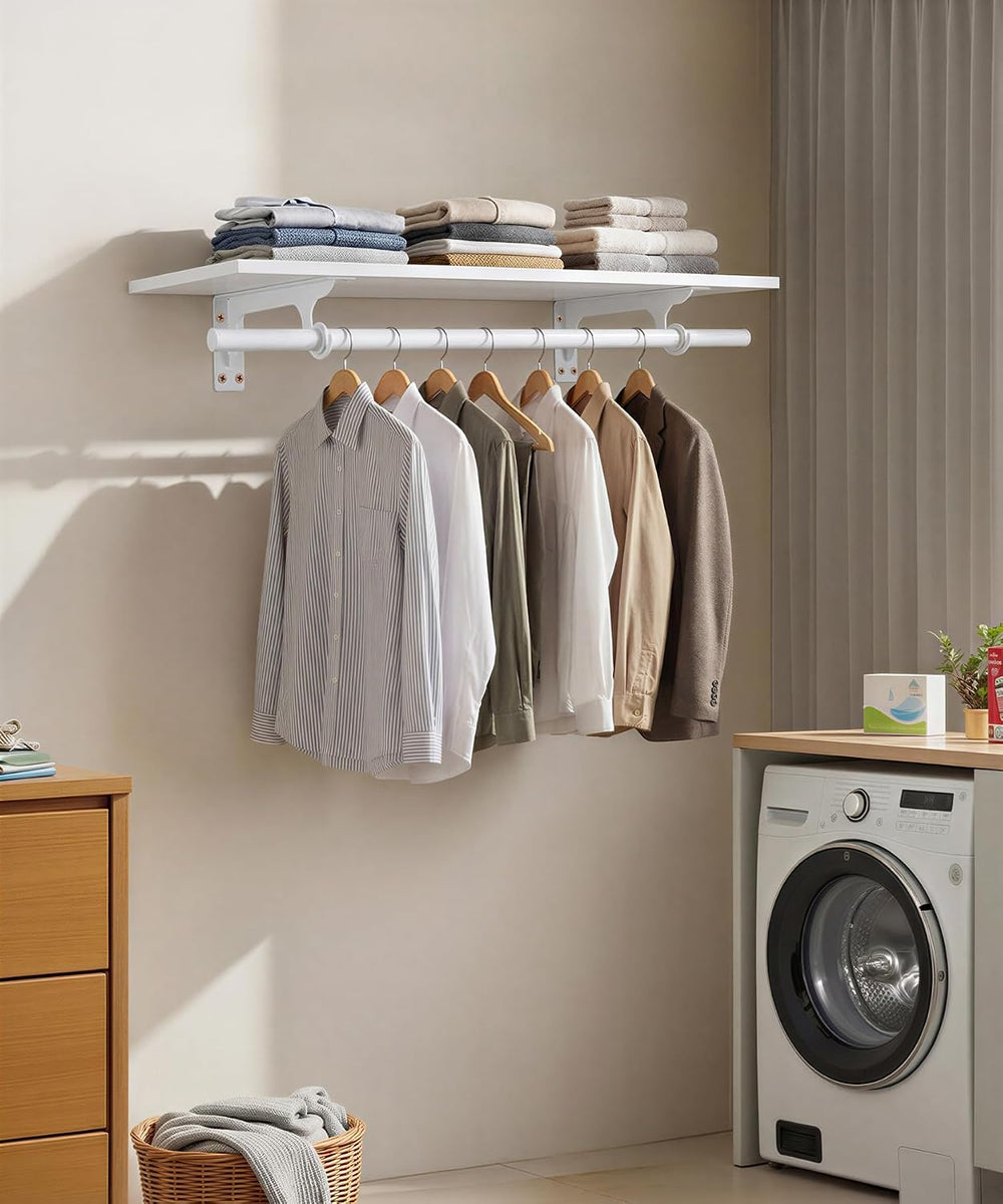 Wall Mounted Clothes Rack, with Top Shelf and Hanging Rod, Heavy Duty (White,...