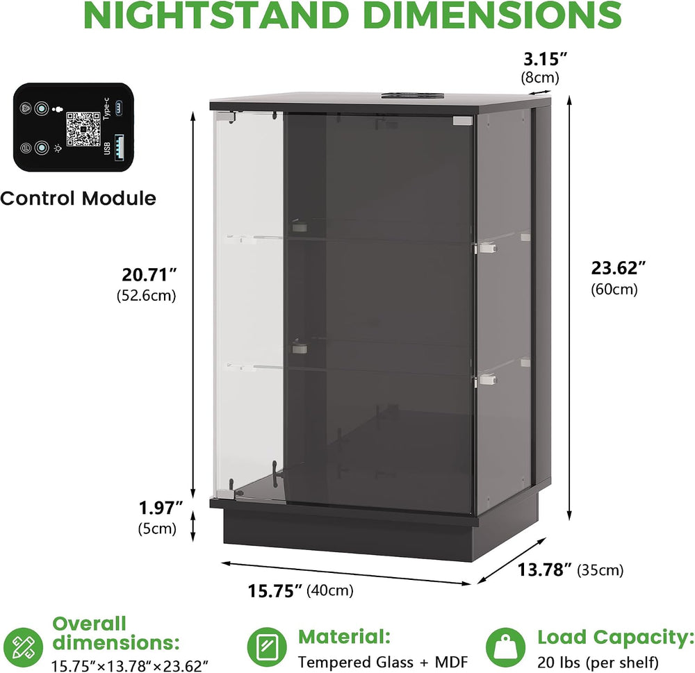 HNEBC Glass Display Cabinet with USB Charging Station&LED Lights,Black