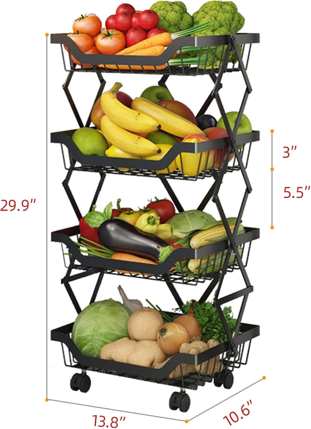 4-Tier Rolling Pantry Floor Organizer with Wheels, Foldable Fruit Vegetable S...