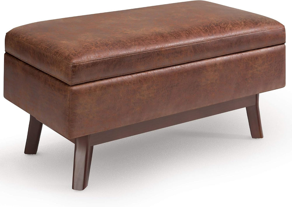 SIMPLIHOME Owen 36" Wide Vegan Leather Lift Top Ottoman in Saddle Brown